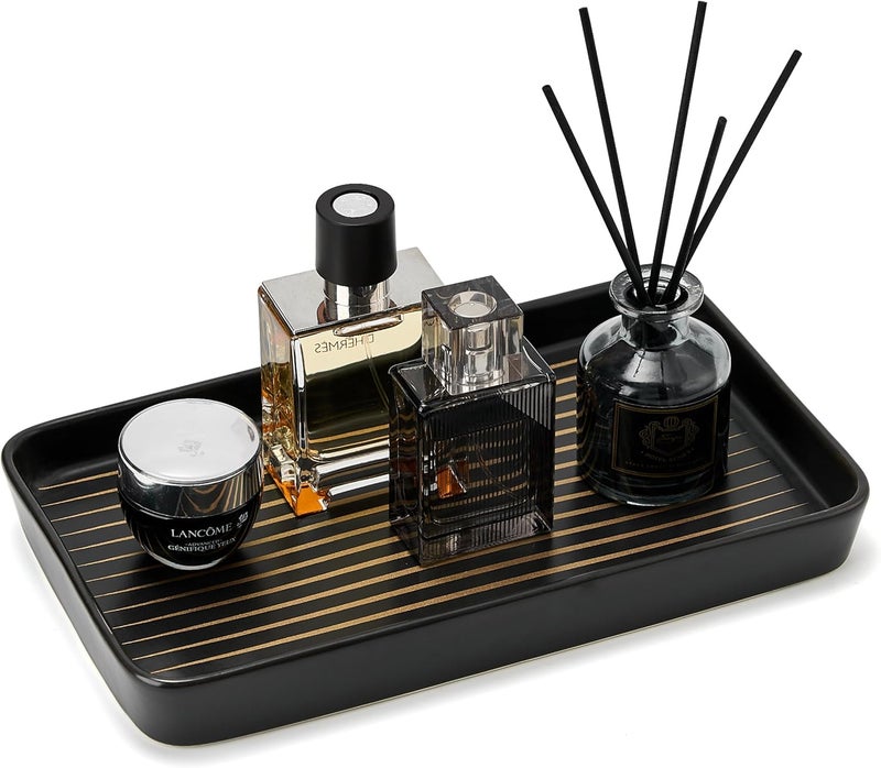 Pottify 10"×6"×1" Black Bathroom Vanity Tray for Countertop- Ceramic Decorative Organizer Tray for Dresser Tops, Toilet, Perfume, Sponge Holder Soap Dish Dispenser for Kitchen Counter- Golden Stripes - Image 1